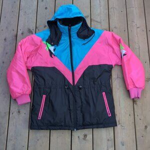 Vintage 80s Mario Delfino Ski Jacket Women's Pink Patchwork Zip-Up Retro Hooded